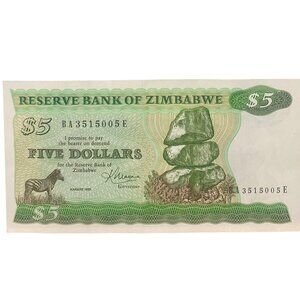 1983 Zimbabwe $5 Reserve Bank Note With Zebra & Stacked Rocks Design